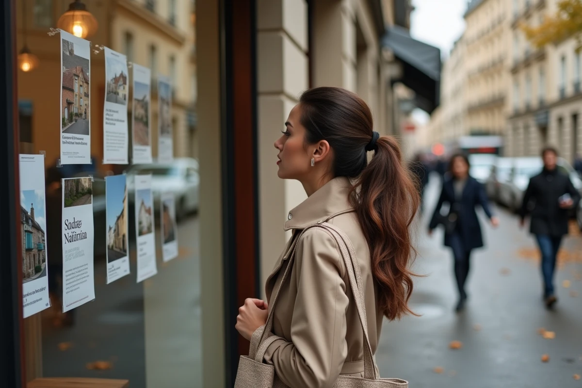 Femme devant une agence immobilière étudiant des annonces pour investir et défiscaliser avec un petit budget en 2026
