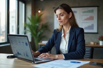 Femme professionnelle analysant des plateformes de crowdfunding immobilier sur un ordinateur portable dans un bureau moderne