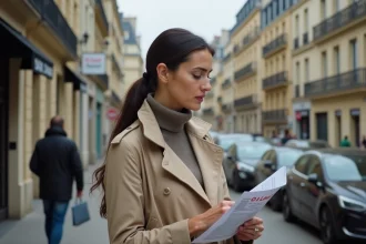 Femme consultant une annonce de location immobilière dans une rue de ville avec des immeubles haussmanniens en arrière-plan