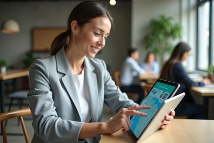 Femme professionnelle utilisant l'application MyCitya sur une tablette dans un espace de coworking moderne en 2026