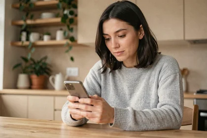 Femme consultant l'application MyFoncia sur son smartphone depuis son appartement