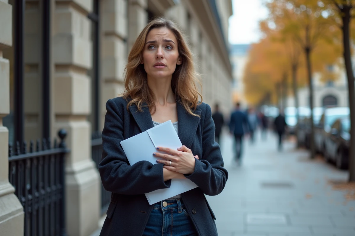 Femme tenant un avis d'imposition devant un bâtiment administratif français lié à la taxe d'habitation