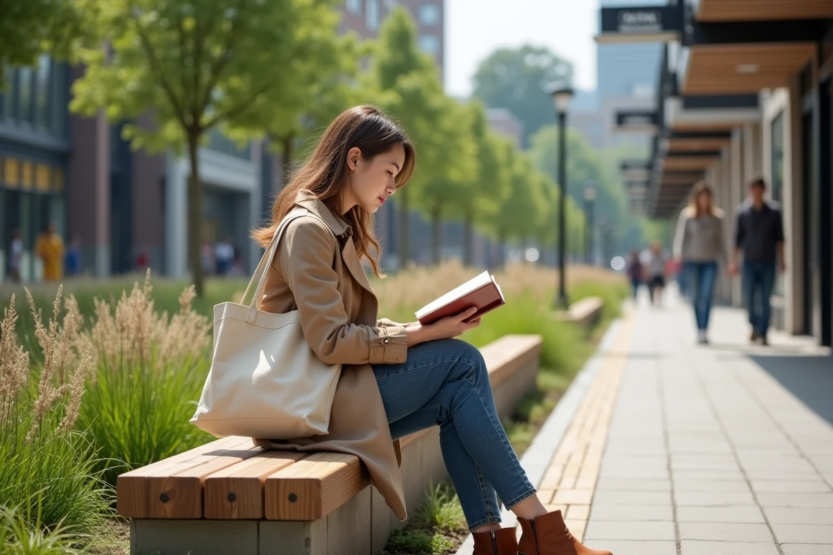 Jeune femme lisant sur un banc en bois recyclé le long d'un noue paysagère dans un écoquartier contemporain avec mobilier urbain durable