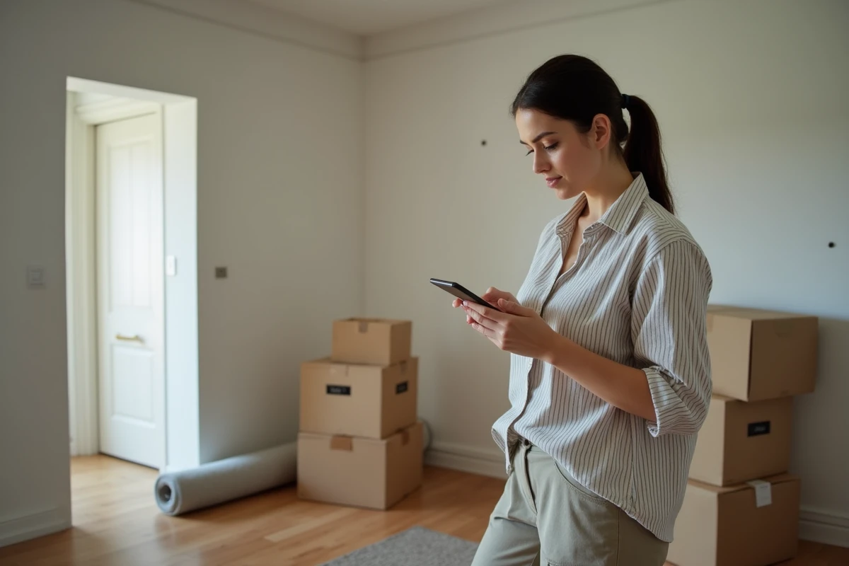 Femme consultant un calendrier sur son téléphone dans un appartement vide entouré de cartons de déménagement