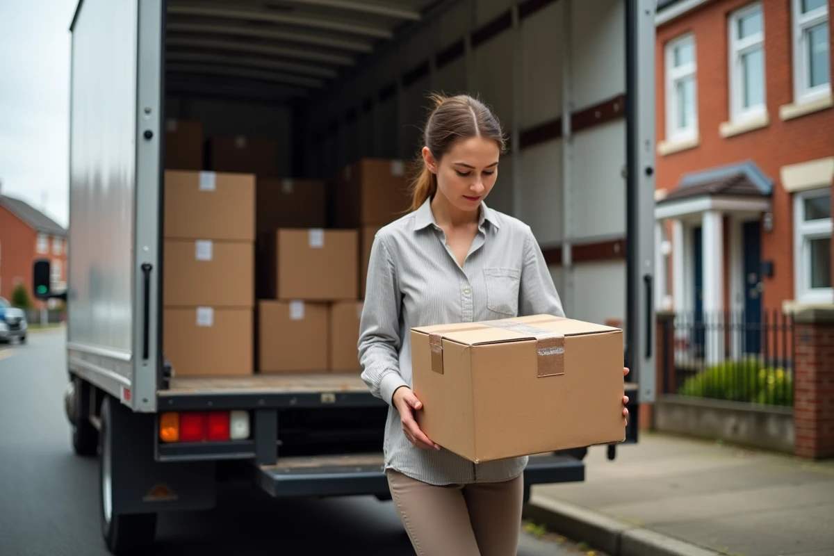 Femme chargeant des cartons étiquetés dans un camion de déménagement blanc devant un immeuble résidentiel