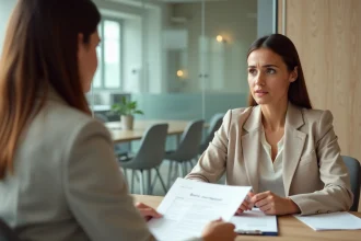 Femme consultant un conseiller bancaire pour un prêt immobilier avec des documents de crédit sur la table