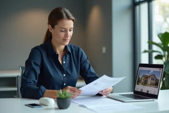 Femme consultant les tarifs d'un service de location en ligne sur un ordinateur portable