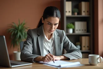 Femme consultant un contrat d'assurance incendie à son bureau à domicile