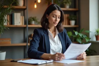 Femme consultant un contrat d'assurance incendie à son bureau à domicile