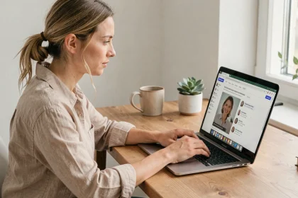 Femme en train de créer son espace en ligne sur un ordinateur portable dans un bureau scandinave moderne