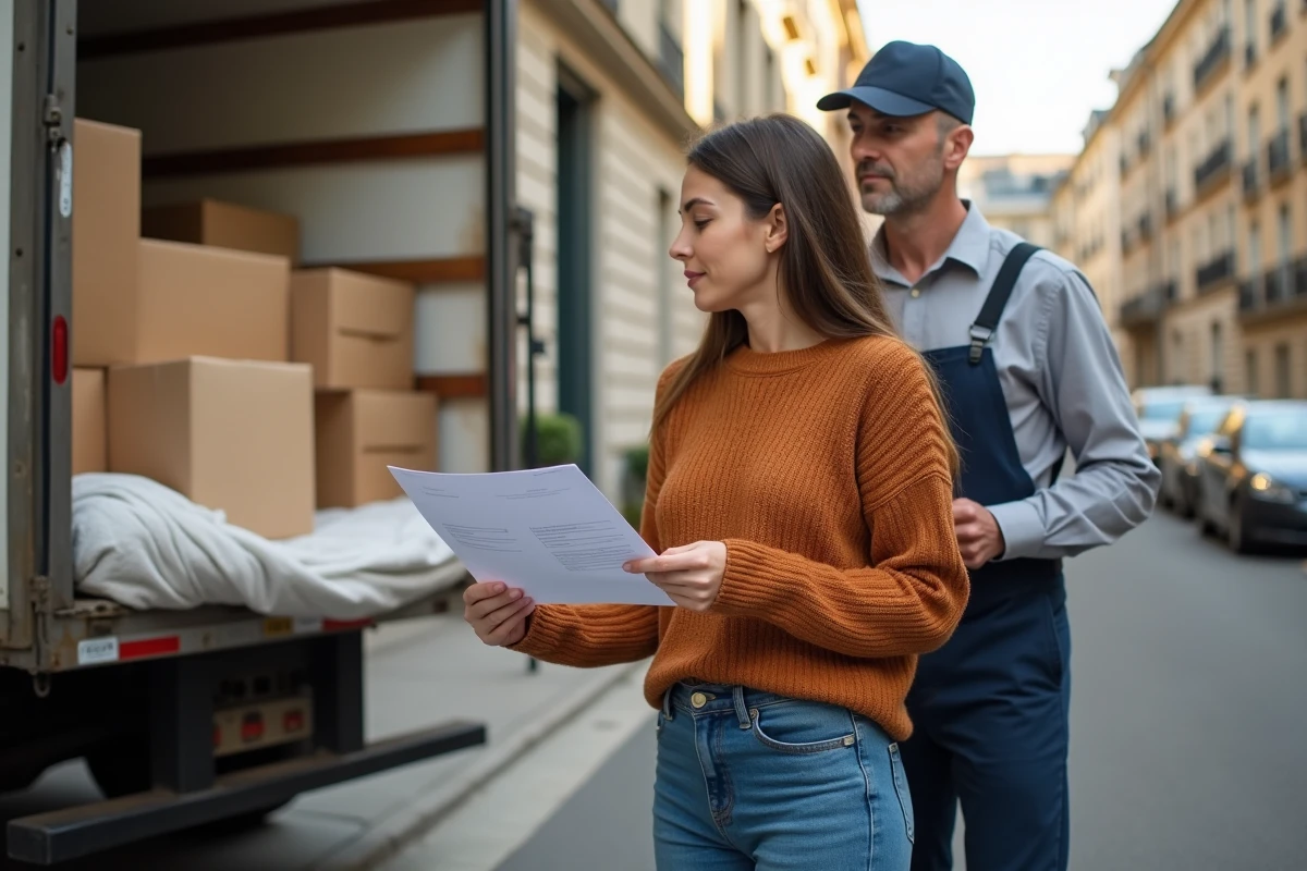 Femme remettant un document signé à un déménageur professionnel devant un camion de déménagement