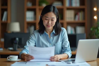 Femme consultant des documents officiels pour récupérer sa caution de crédit logement