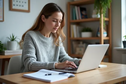 Femme consultant son espace client MyFoncia sur un ordinateur portable pour gérer ses paiements de loyer en ligne