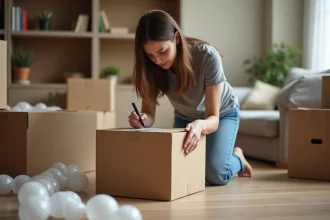 Femme organisant ses cartons de déménagement en écrivant des étiquettes dans un salon en cours de déballage