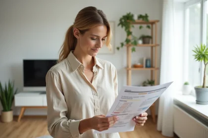Femme lisant un rapport DPE dans un salon moderne aux tons neutres et au parquet en bois