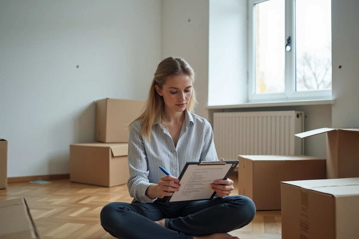 Femme assise sur le sol d'un appartement vide consultant une liste de déménagement pour planifier un déménagement au meilleur prix