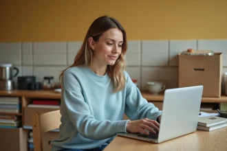 Femme qui prévient EDF de son déménagement depuis son ordinateur portable dans une cuisine avec des cartons