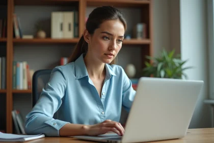 Femme saisissant un code Action Logement sur un formulaire en ligne depuis son bureau à domicile