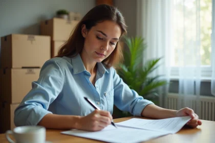 Femme signant une lettre de préavis de déménagement à une table en bois avec des cartons en arrière-plan