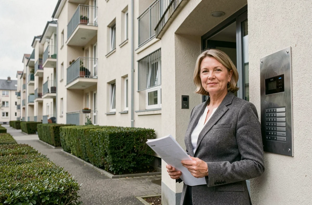 Gestionnaire de Foncia Bretagne devant un immeuble résidentiel moderne à Brest pour la gestion locative