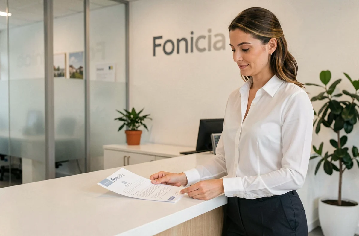 Agente immobilière Foncia Moselle présentant des documents de copropriété dans une agence moderne