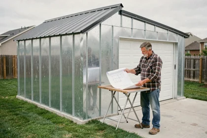 Homme inspectant les plans d'un garage en kit préfabriqué installé dans un jardin résidentiel, illustrant le coût au m2 d'un garage en kit
