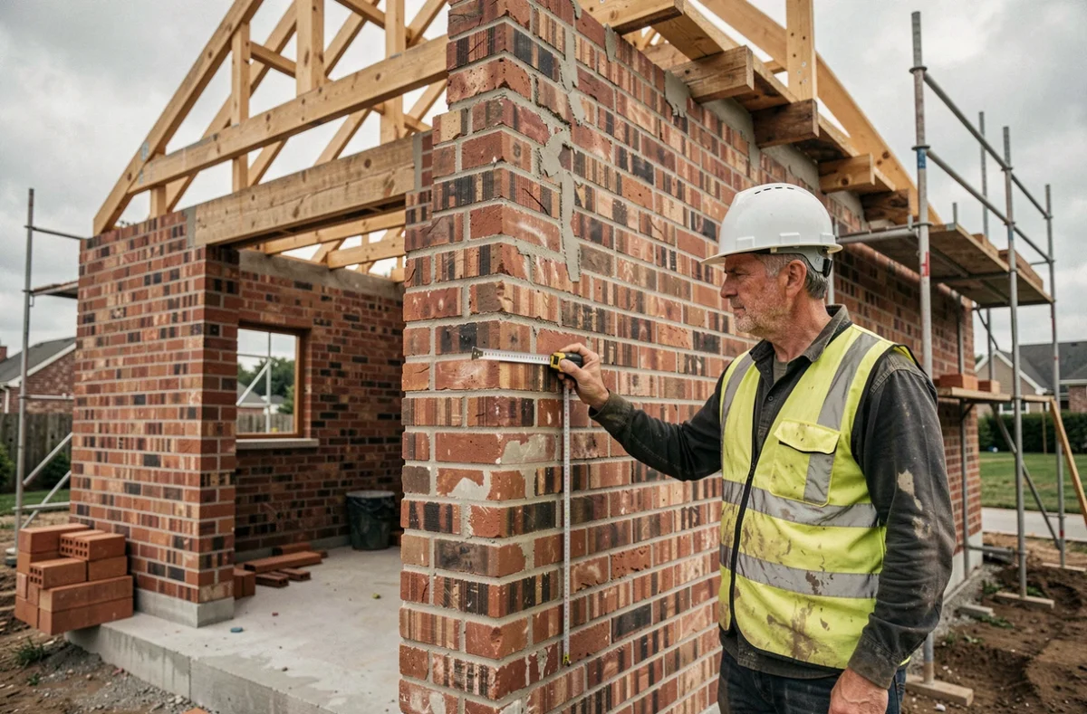 Constructeur mesurant les murs d'un garage sur mesure en briques en cours de construction, comparaison du prix au m2 entre garage kit et sur mesure