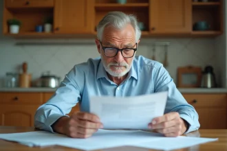 Un homme d'une cinquantaine d'années examine attentivement des documents officiels en tant que garant pour un dossier de location