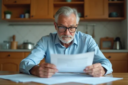 Un homme d'une cinquantaine d'années examine attentivement des documents officiels en tant que garant pour un dossier de location