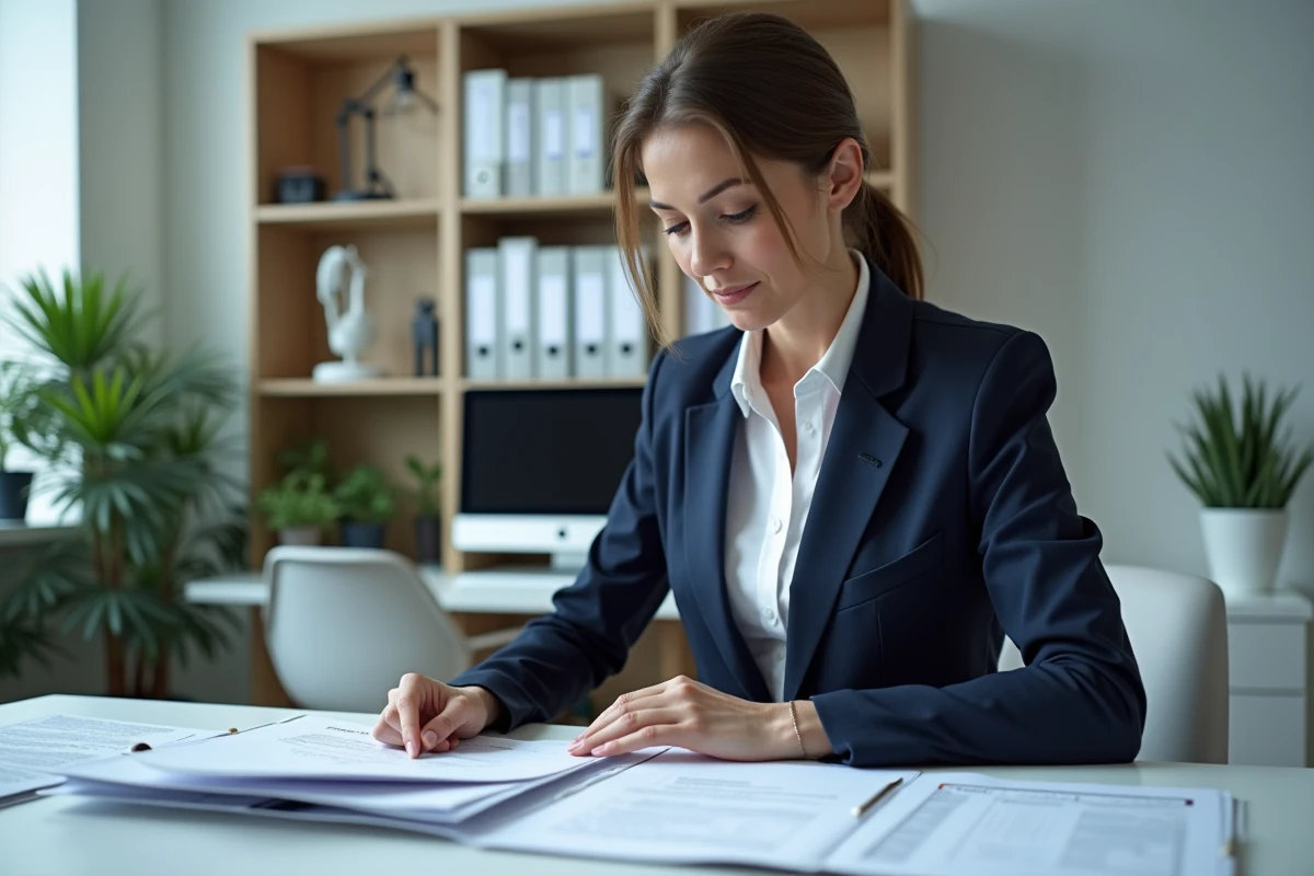Une femme organisée classe des documents de garant incluant bulletins de salaire et avis d'imposition dans un bureau à domicile