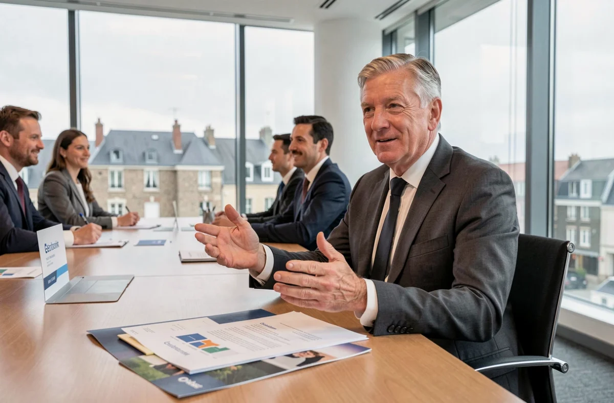 Dirigeant du Groupe Arc en réunion de direction dans un bureau corporate moderne avec vue sur une ville bretonne