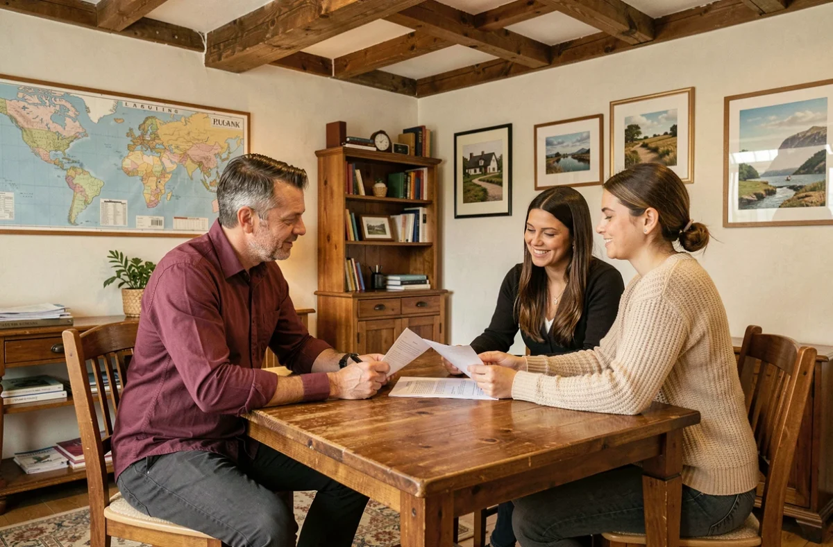 Conseiller de Guenno Immobilier en consultation avec un couple de locataires dans un bureau d'agence indépendante bretonne