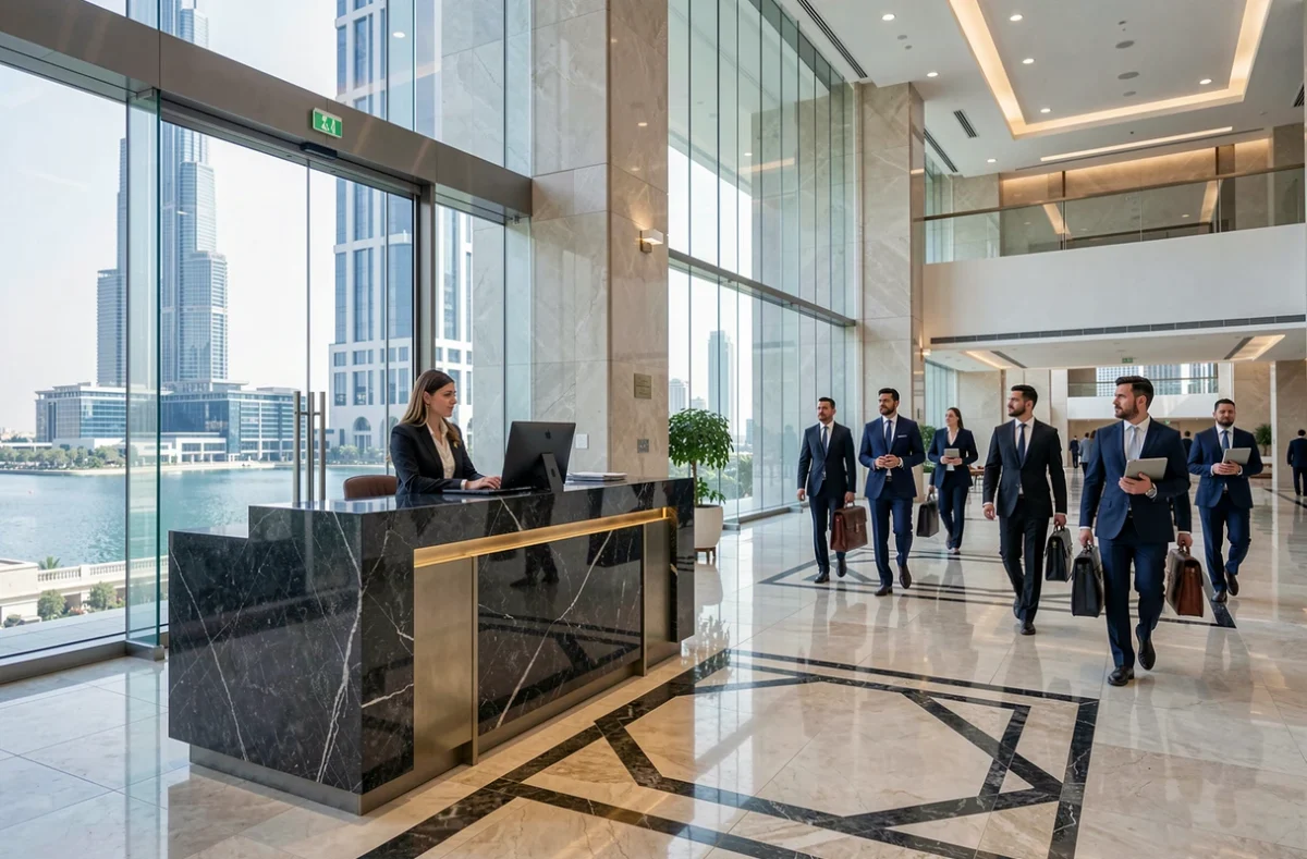 Hall d'entrée luxueux de l'Almas Tower Dubai avec sol en marbre et accueil professionnel dans le quartier JLT