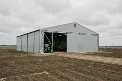 Hangar agricole en acier avec structure métallique et bardage ondulé dans un paysage rural, illustrant le coût de construction au m2