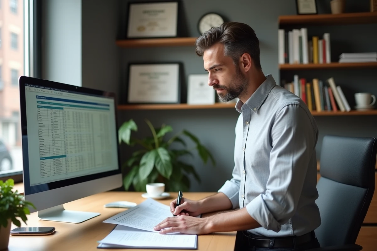 Homme annoter un contrat de prêt immobilier à taux fixe modulable dans un bureau à domicile organisé