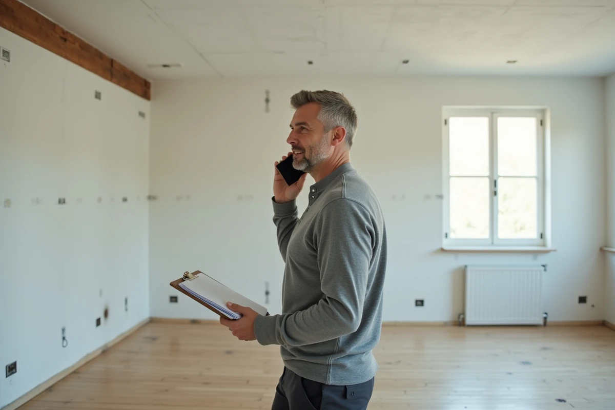 Homme téléphonant à EDF dans un salon vide lors d'un déménagement