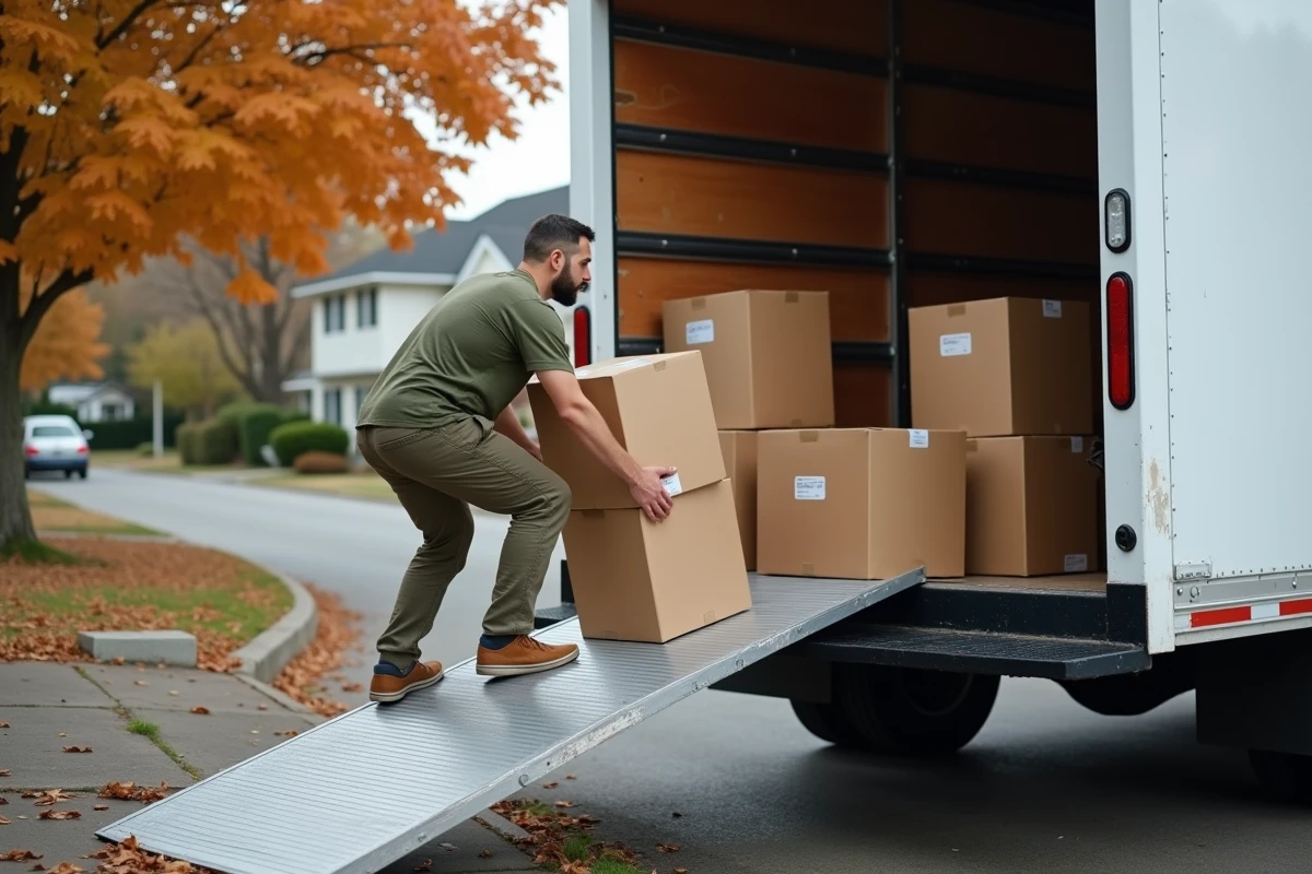 Homme chargeant des cartons dans un camion de déménagement en location lors d'un déménagement en basse saison en automne