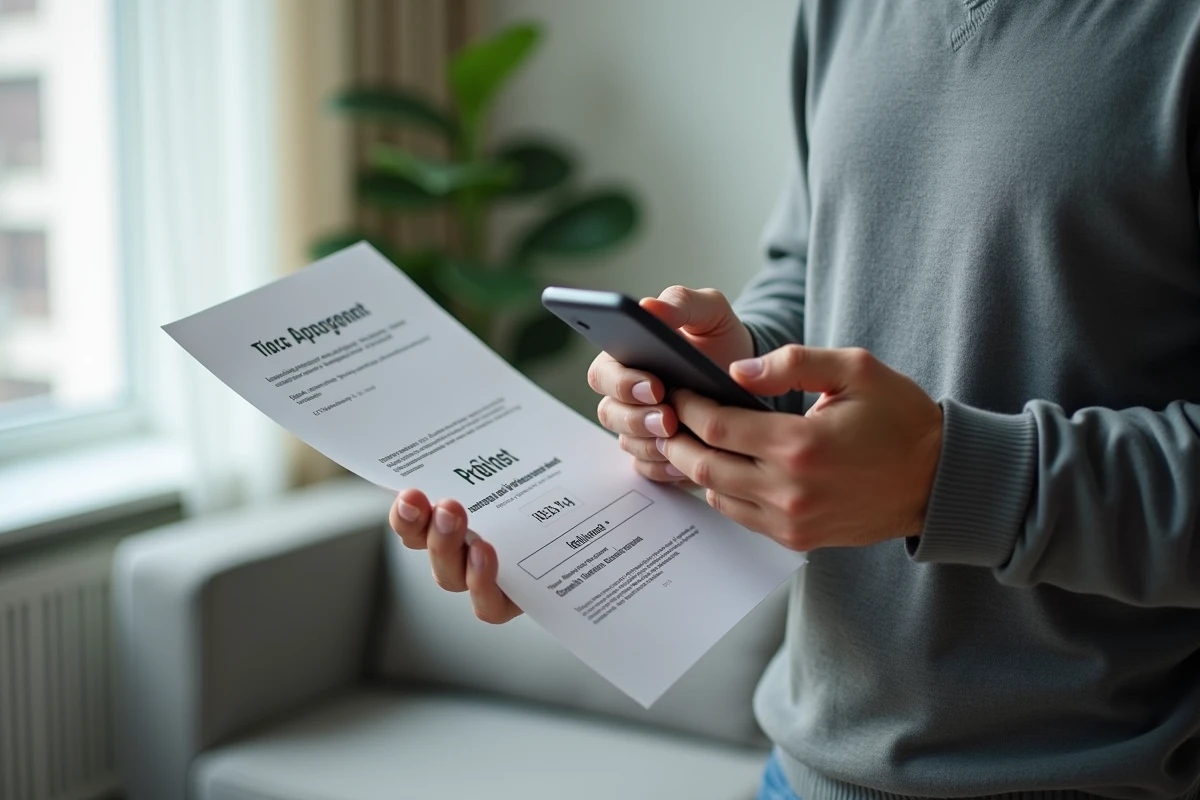 Homme consultant un document avec son code Action Logement et naviguant sur son smartphone pour le saisir