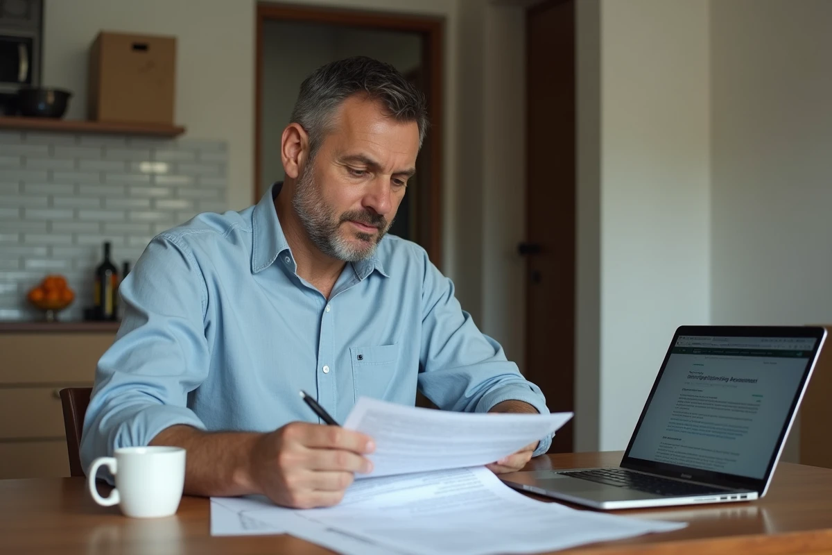 Homme consultant des documents administratifs pour une prime de déménagement à domicile