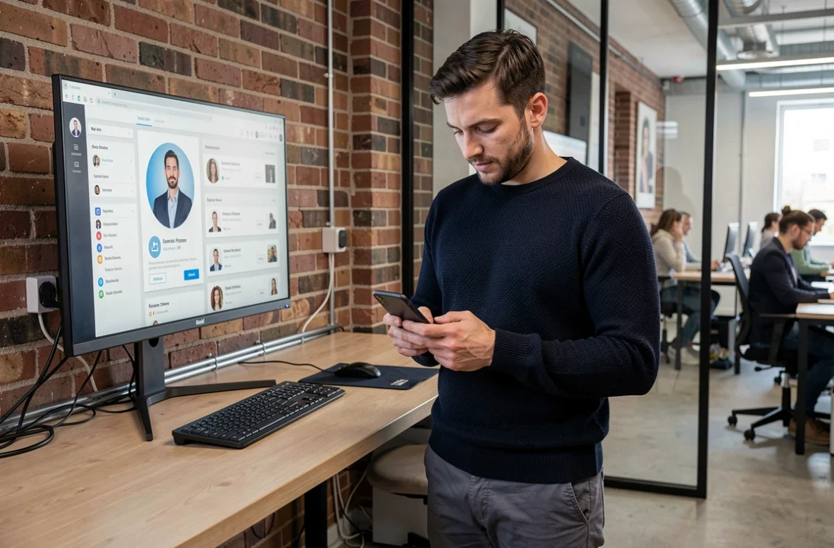 Homme gérant son profil en ligne sur smartphone dans un espace de coworking moderne