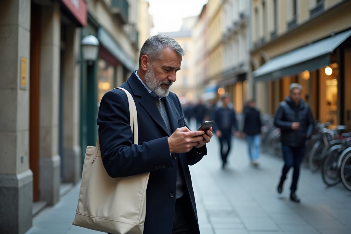 Homme consultant l'application MyCitya sur son smartphone dans une rue animée d'une ville européenne
