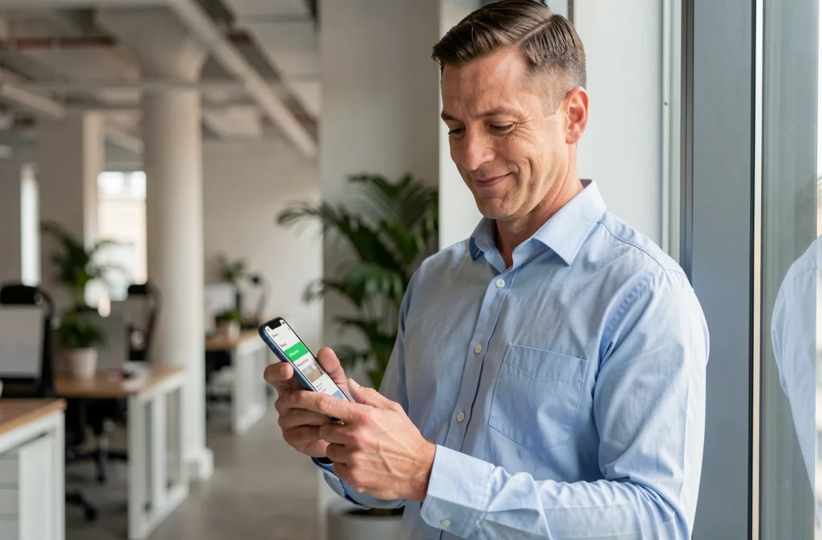 Homme d'affaires utilisant MyFoncia espace client sur mobile dans un bureau moderne