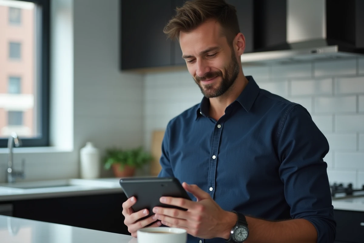 Homme vérifiant la confirmation de paiement de charges sur l'application MyFoncia depuis son smartphone dans une cuisine moderne