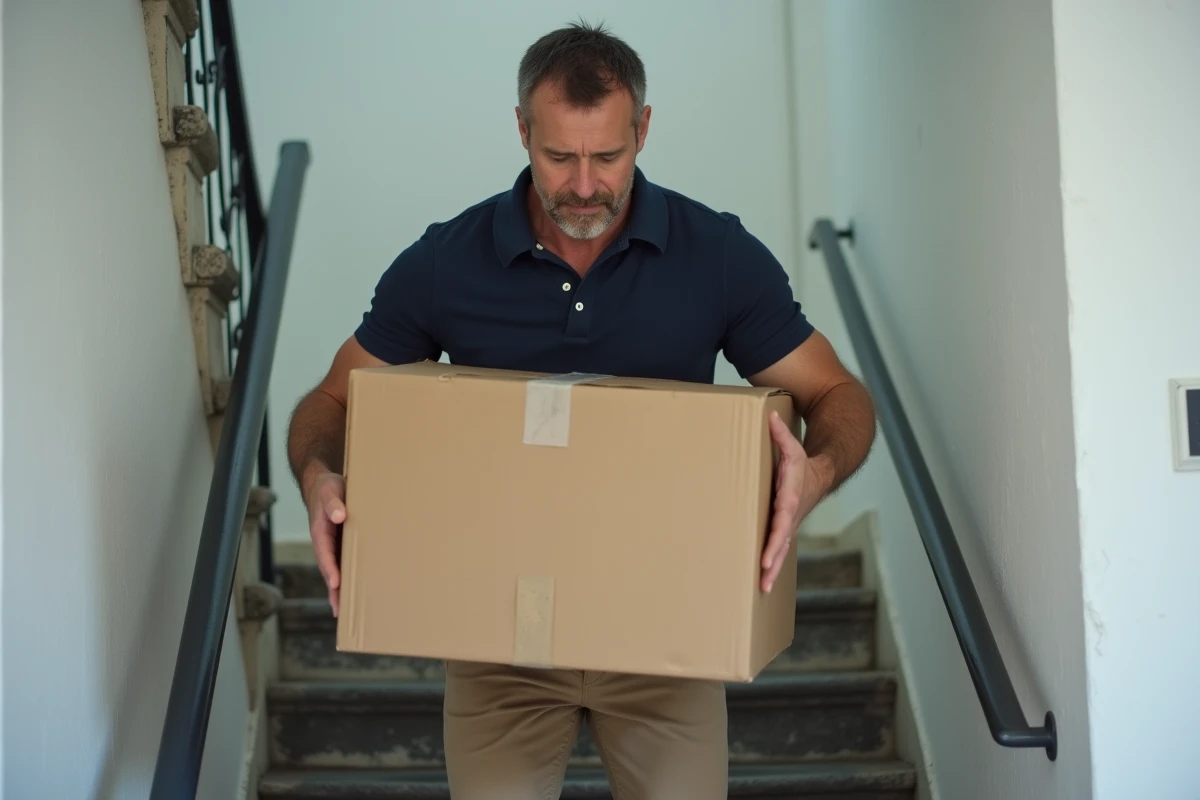 Homme portant un grand carton de déménagement dans un escalier d'immeuble parisien lors d'un déménagement