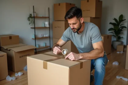 Homme en train de sceller des cartons de déménagement avec du ruban adhésif dans un salon en cours de vidage