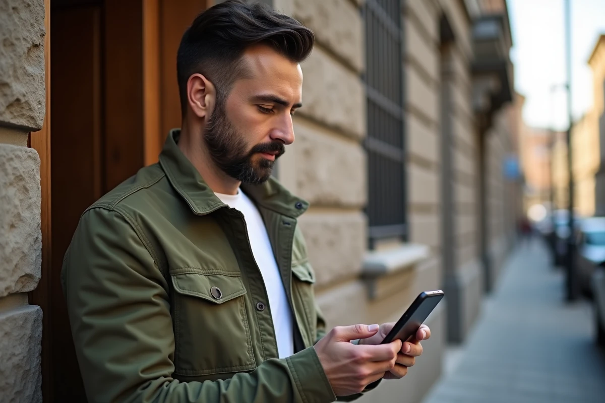 Homme vérifiant les options d'abonnement d'un service de location sur smartphone devant un immeuble
