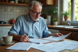 Homme d'âge mûr consultant ses avis de taxe d'habitation à la table de sa cuisine en France
