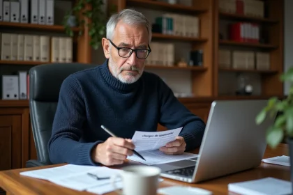 Propriétaire bailleur consultant ses documents de charges de copropriété et déclaration fiscale sur un bureau en bois dans un appartement parisien