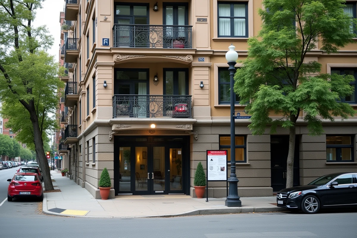 Façade d'un immeuble en copropriété avec entrée sécurisée et panneau d'affichage syndical en milieu urbain
