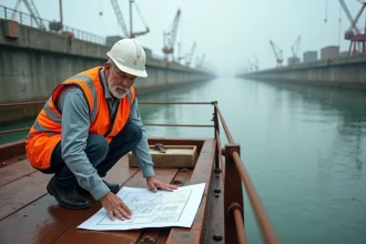 Ingénieur inspectant une structure flottante modulaire sur un fleuve industriel